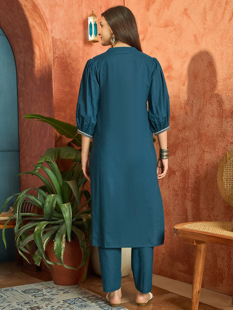 Women's Blue Solid & Embroidered Cotton A-line Kurta Pant Set