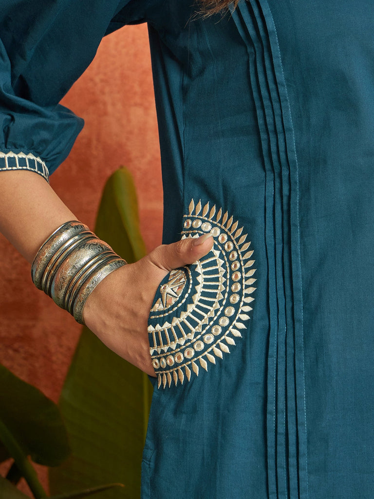 Women's Blue Solid & Embroidered Cotton A-line Kurta Pant Set