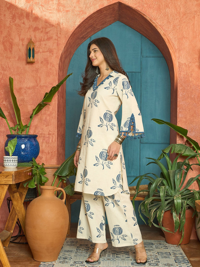 Women's Blue Printed Cotton Straight Kurta Pant Set