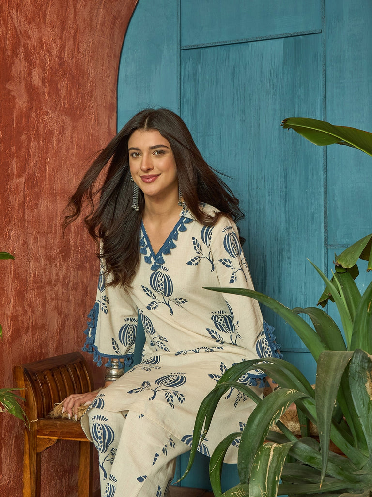 Women's Blue Printed Cotton Straight Kurta Pant Set
