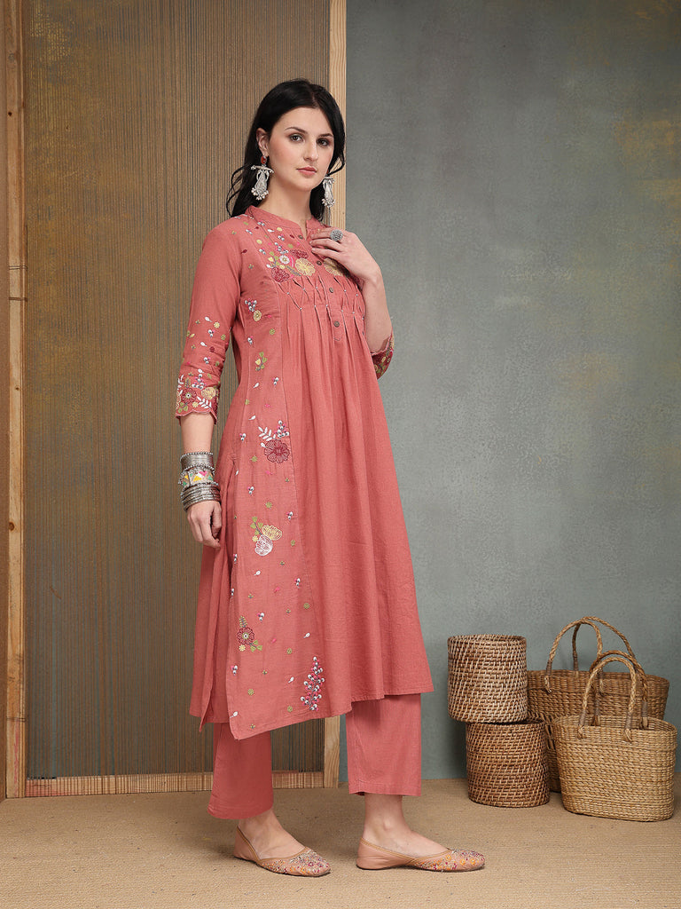 Women's Blush Solid & Embroidered Cotton A-Line Kurta Pant Set