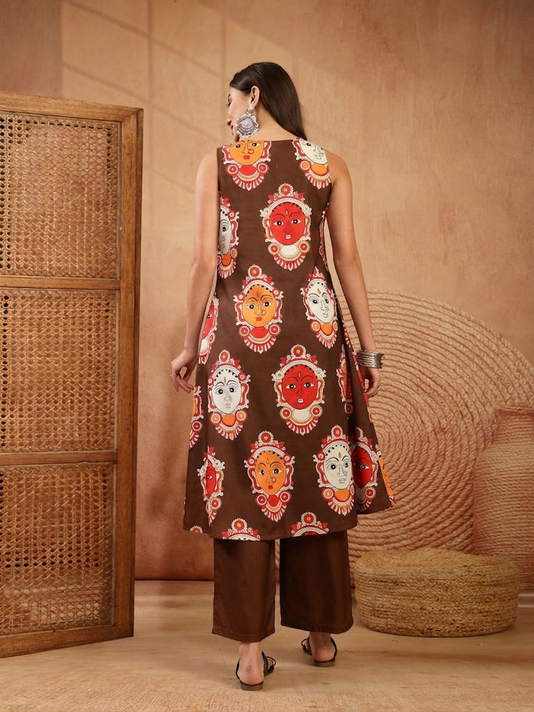 Women's Brown Kalamkari Face Printed Rayon A-Line Kurta Palazzo Set