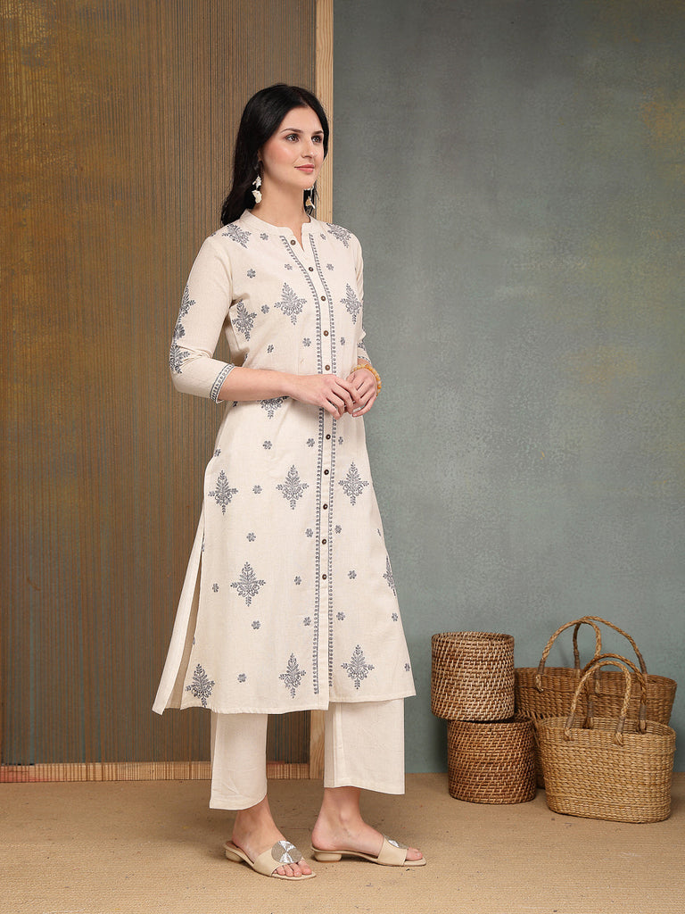 Women's Cream Solid & Embroidered Cotton Flex A-Line Kurta Pant Set
