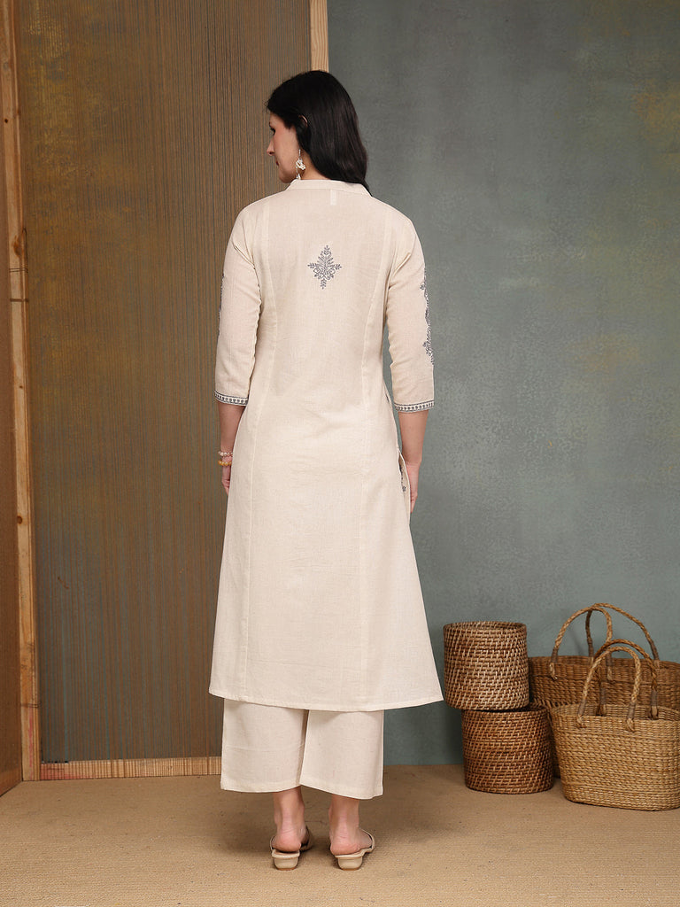 Women's Cream Solid & Embroidered Cotton Flex A-Line Kurta Pant Set