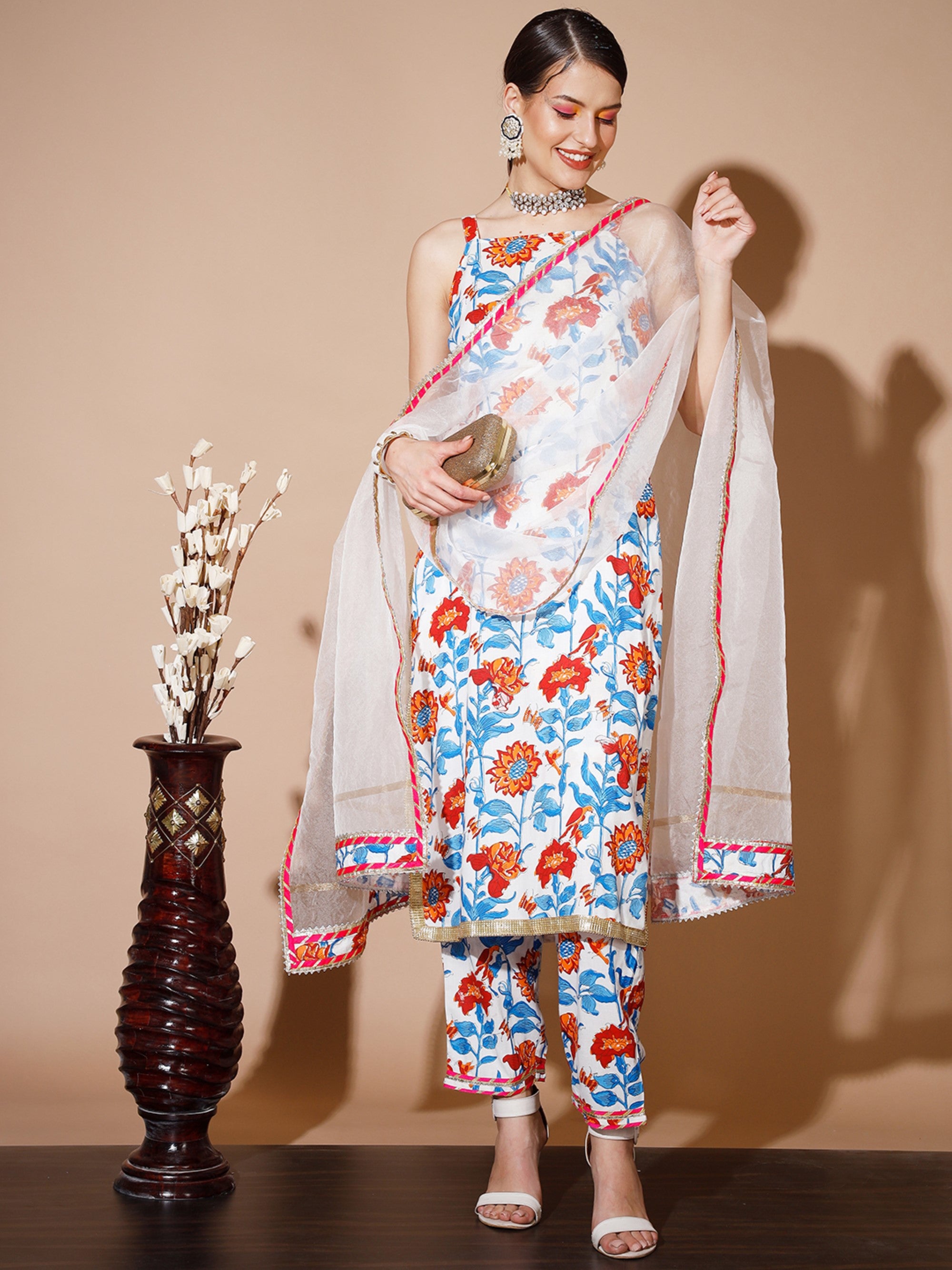 Women's Multi Printed Kurta & Trousers With Dupatta - Myshka