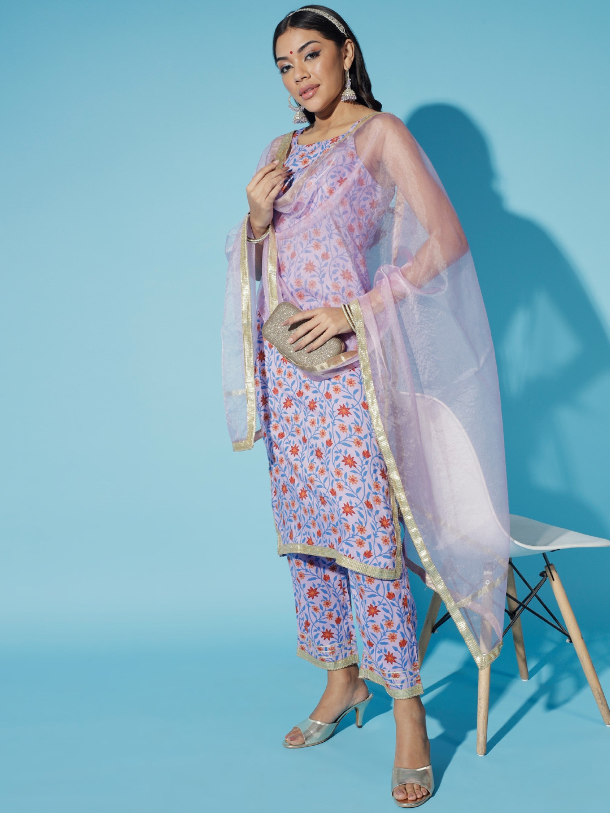 Women's Lavender Printed Kurta & Trousers With Dupatta - Myshka