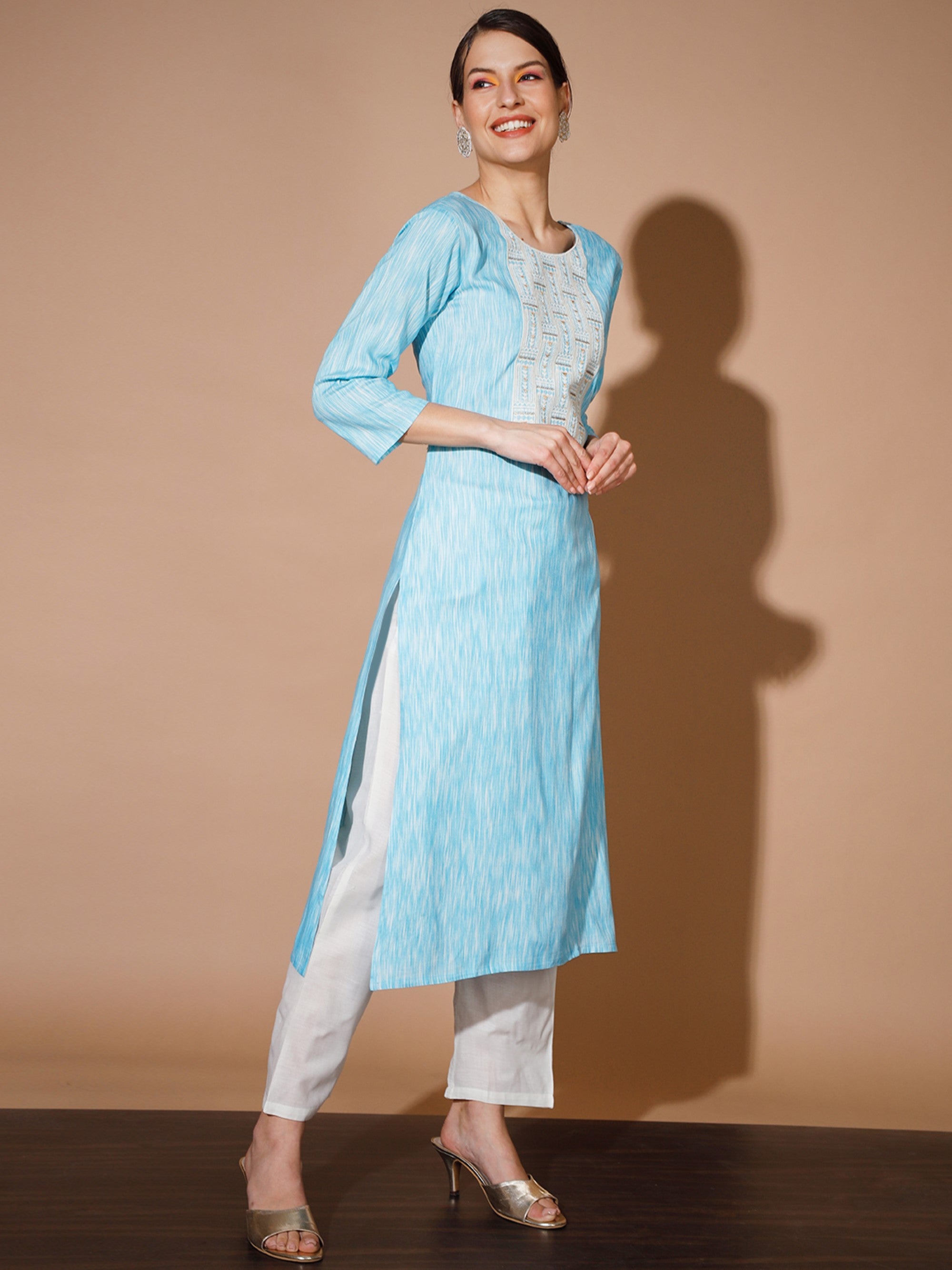 Women's Blue Printed Kurta & Trousers With Dupatta - Myshka