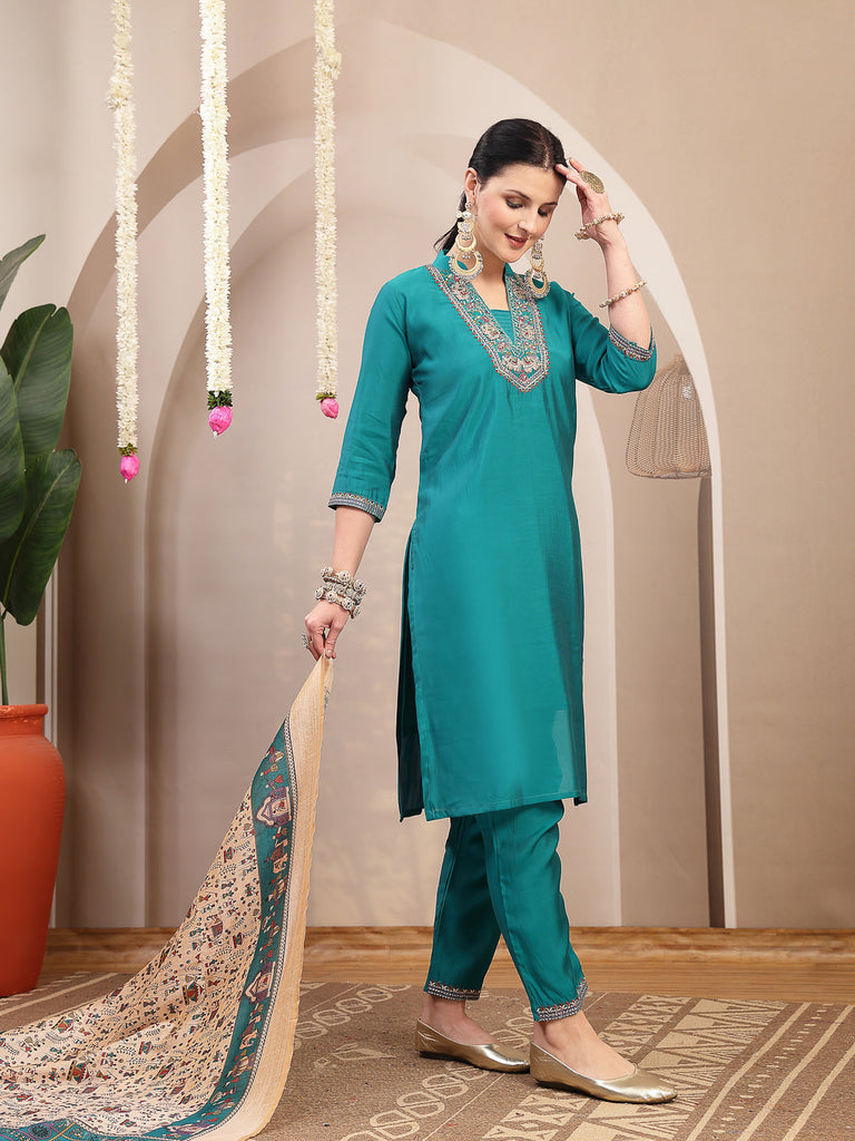 Women's Aqua Solid & Embroidered Santoon Straight Kurta Pant Dupatta Set