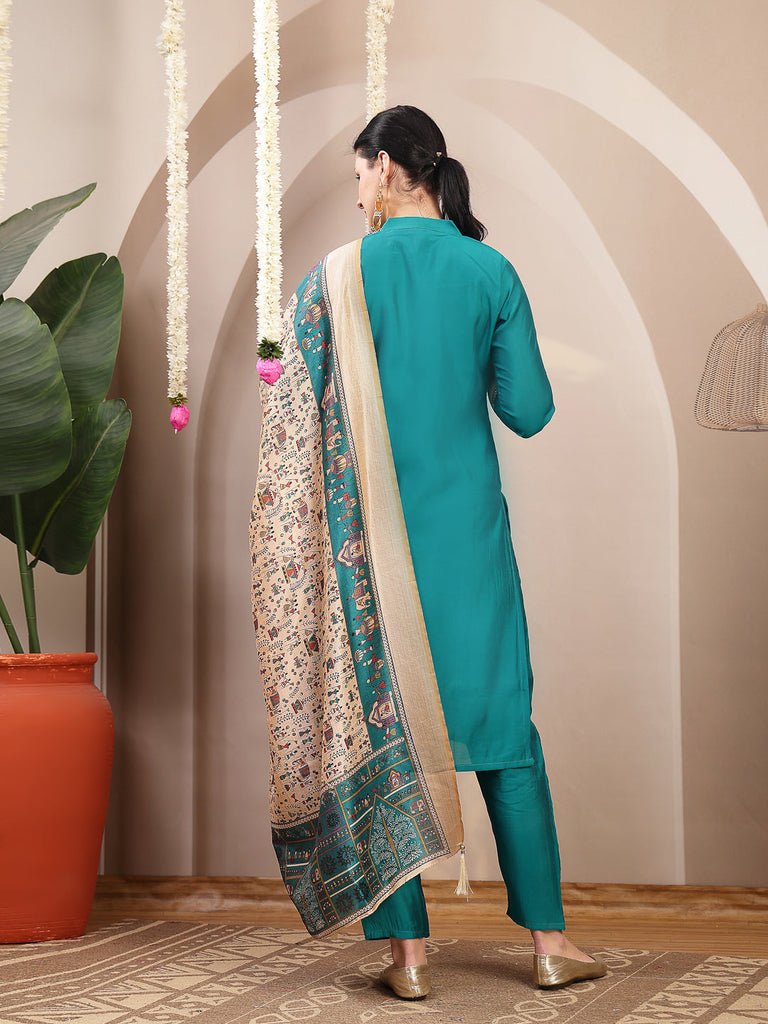 Women's Aqua Solid & Embroidered Santoon Straight Kurta Pant Dupatta Set
