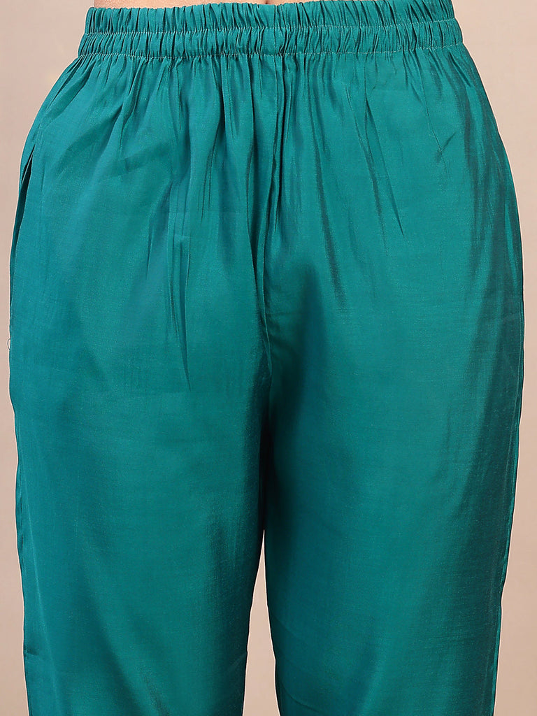 Women's Aqua Solid & Embroidered Santoon Straight Kurta Pant Dupatta Set