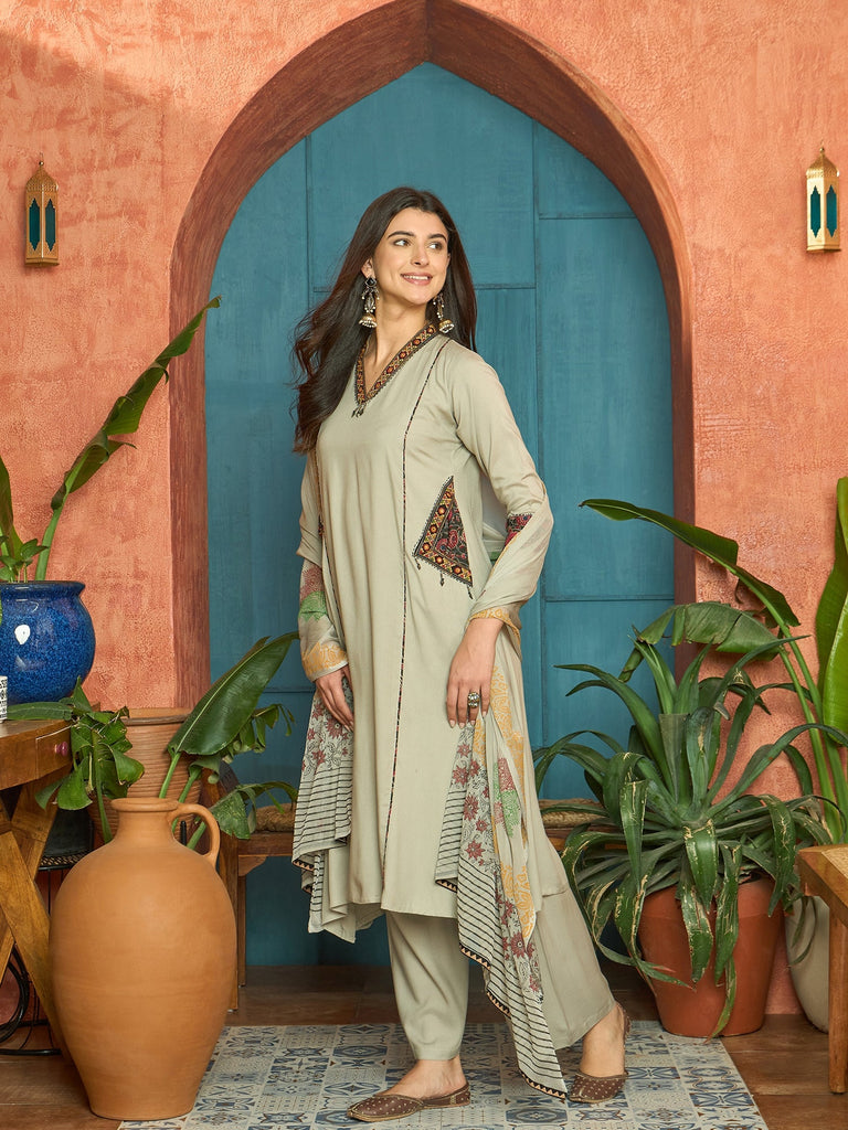 Women's Beige Solid Rayon Straight Kurta Palazzo Dupatta Set
