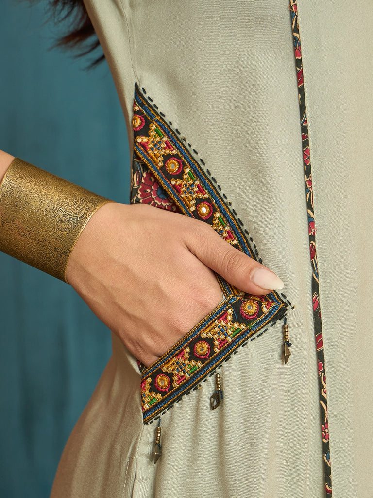 Women's Beige Solid Rayon Straight Kurta Palazzo Dupatta Set