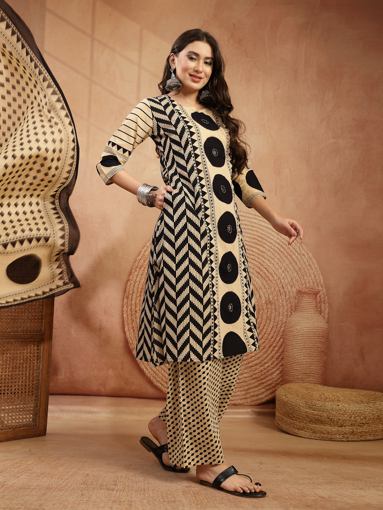 Women's Black Printed Cotton A-Line Kurta Palazzo Dupatta Set