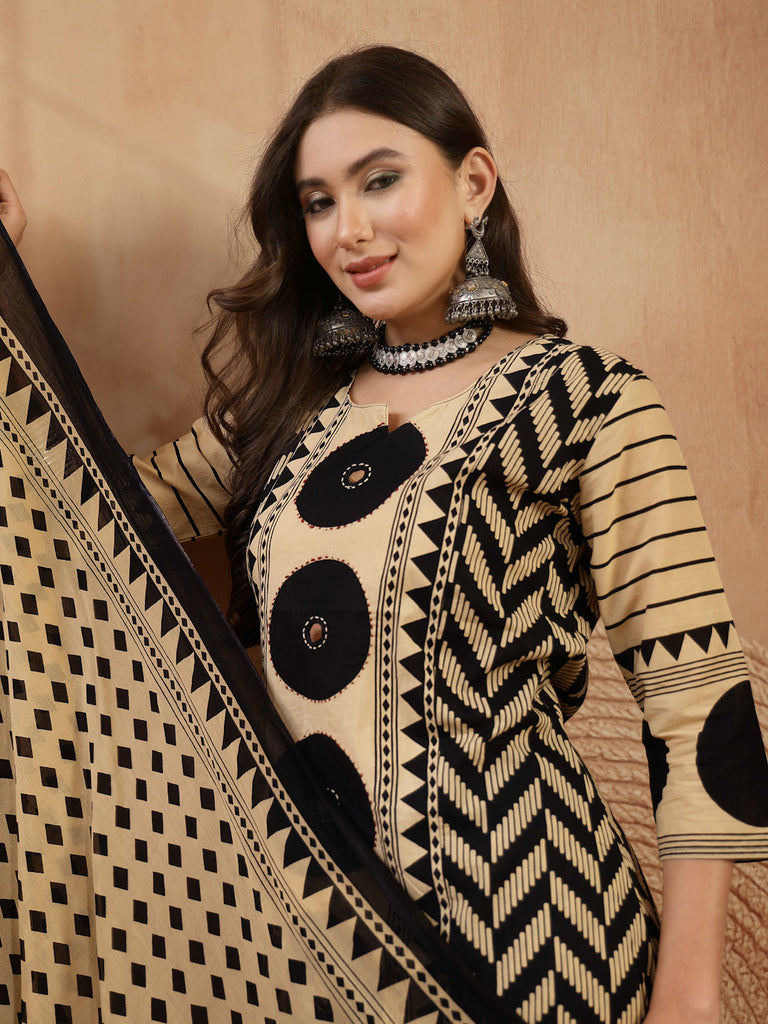 Women's Black Printed Cotton A-Line Kurta Palazzo Dupatta Set
