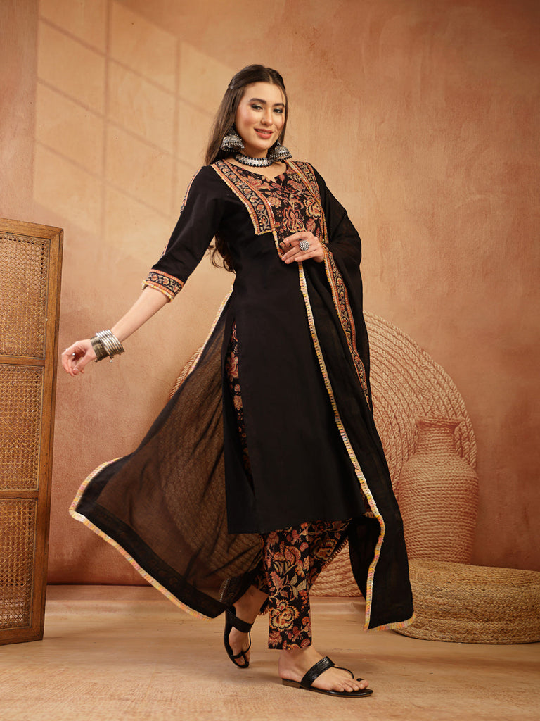 Women's Black Solid Cotton Straight Kurta Pant Dupatta Set