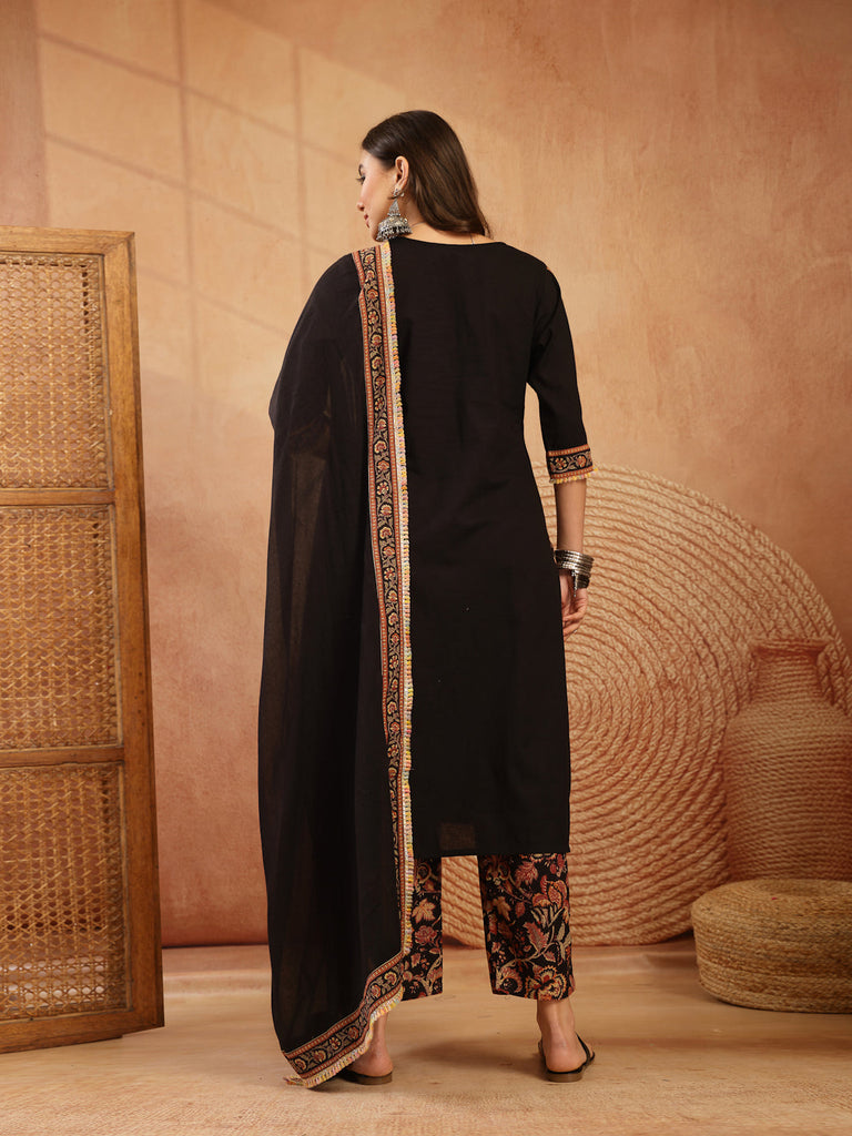 Women's Black Solid Cotton Straight Kurta Pant Dupatta Set