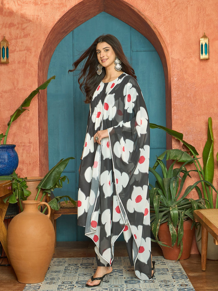 Women's Black Floral Printed Rayon A-Line Kurta Pant Dupatta Set