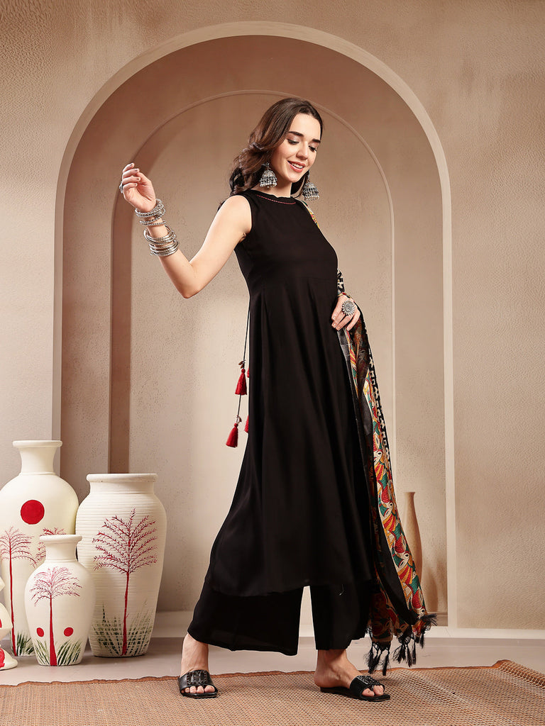 Women's Black Solid Rayon Flared Kurta Palazzo Dupatta Set