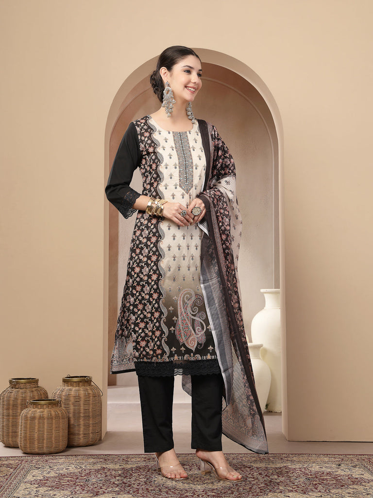 Women's Black Ethnic Printed Cotton Straight Kurta Pant Dupatta Set