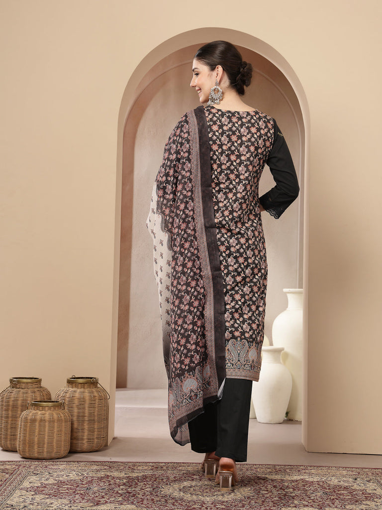 Women's Black Ethnic Printed Cotton Straight Kurta Pant Dupatta Set