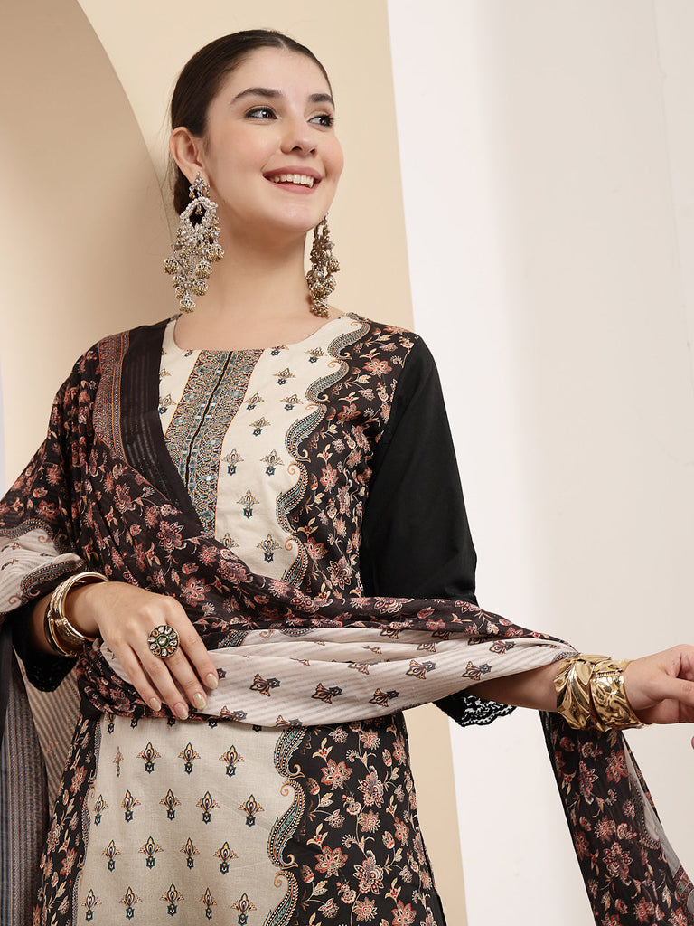 Women's Black Ethnic Printed Cotton Straight Kurta Pant Dupatta Set