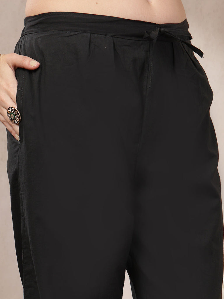 Women's Black Ethnic Printed Cotton Straight Kurta Pant Dupatta Set