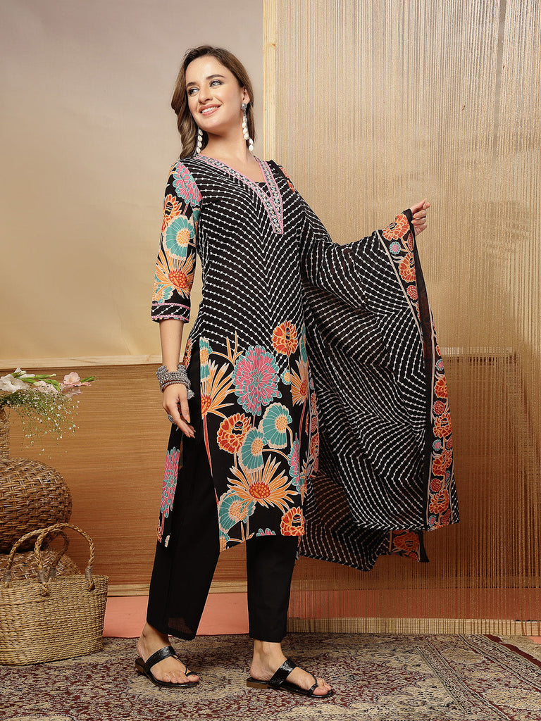 Women's Black Floral Printed Cotton Blend Straight Kurta Pant Dupatta Set