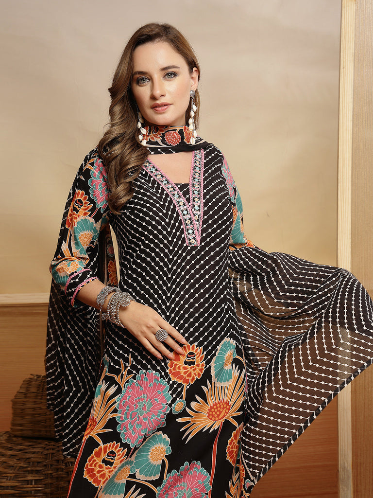 Women's Black Floral Printed Cotton Blend Straight Kurta Pant Dupatta Set