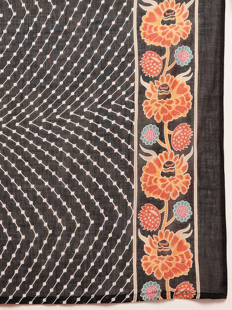 Women's Black Floral Printed Cotton Blend Straight Kurta Pant Dupatta Set