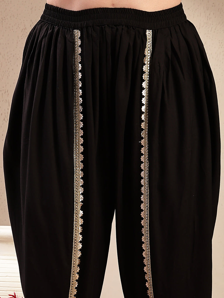 Women's Black Solid & Embroidered Cotton A-Line Kurta Dhoti Pant Dupatta Set