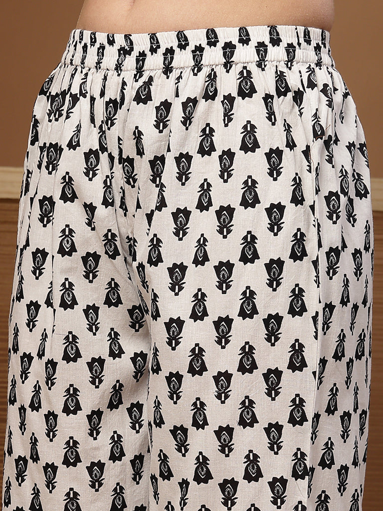 Women's Black Ethnic Motif Printed Cotton Straight Kurta Palazzo Dupatta Set