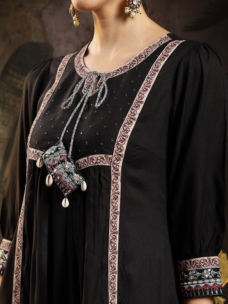 Women's Black Solid Rayon A-Line Kurta Pant Dupatta Set
