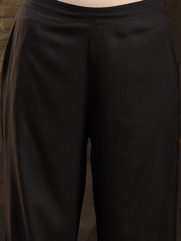 Women's Black Solid Rayon A-Line Kurta Pant Dupatta Set