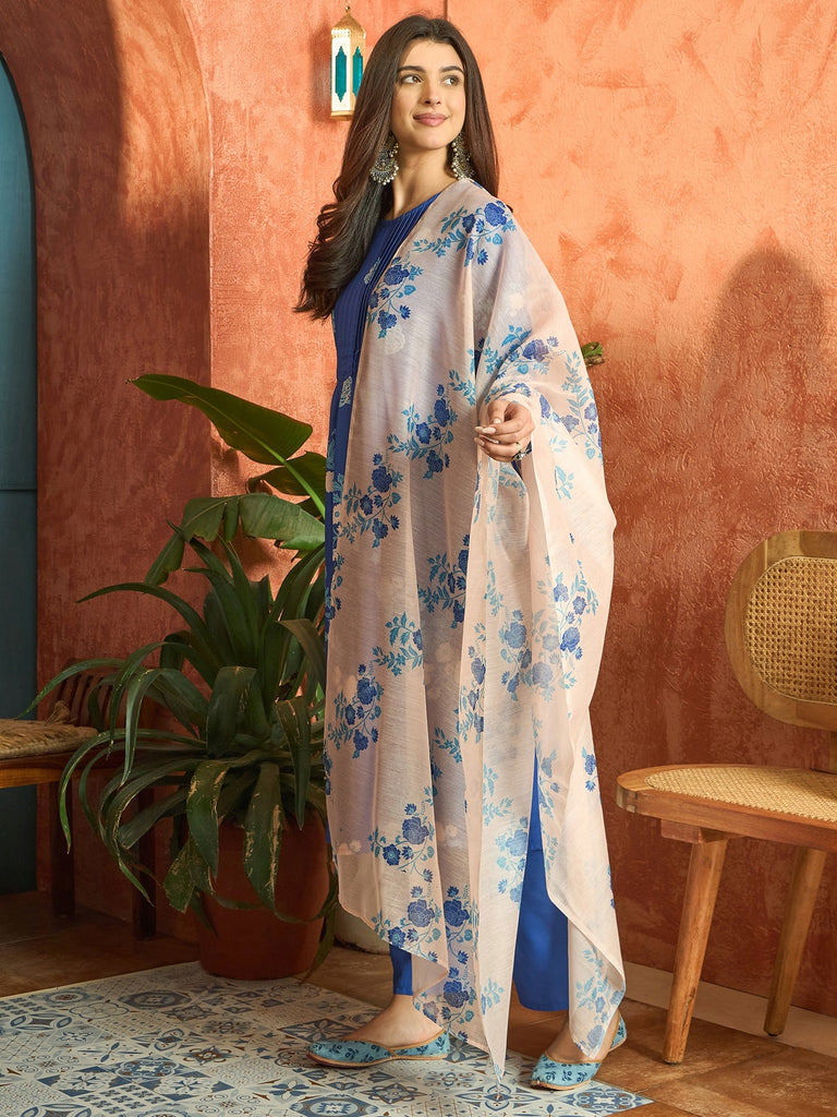 Women's Blue Floral Printed Rayon A-Line Kurta Pant Dupatta Set