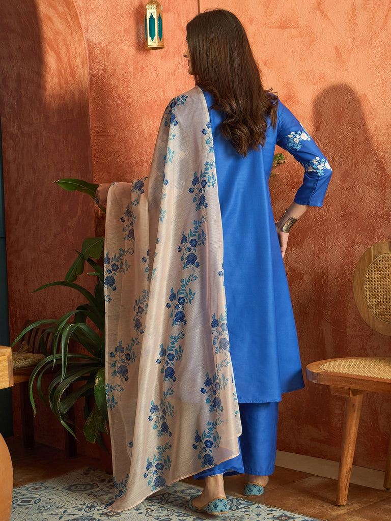 Women's Blue Floral Printed Rayon A-Line Kurta Pant Dupatta Set