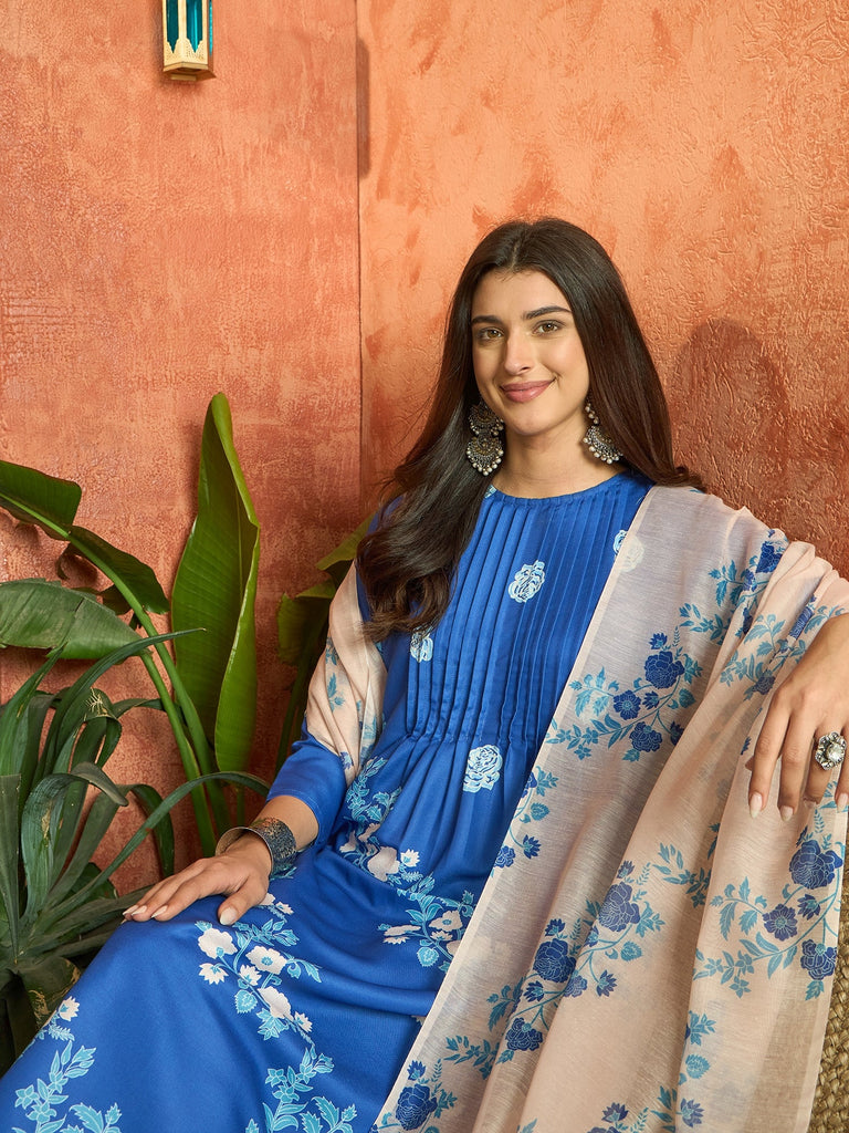 Women's Blue Floral Printed Rayon A-Line Kurta Pant Dupatta Set