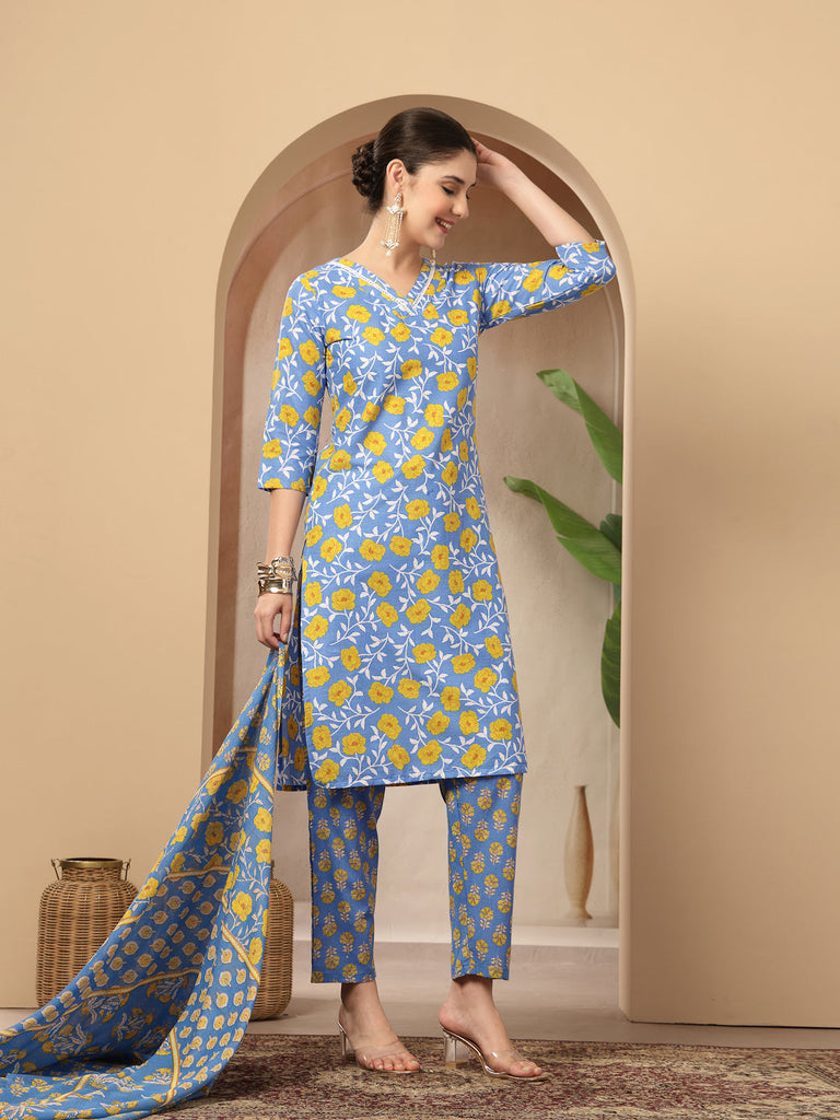 Women's Blue Floral Printed Cotton Straight Kurta Pant Dupatta Set