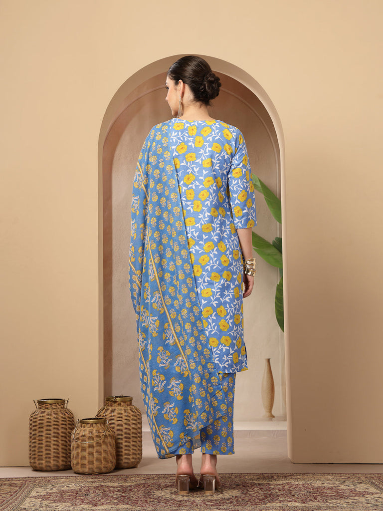 Women's Blue Floral Printed Cotton Straight Kurta Pant Dupatta Set