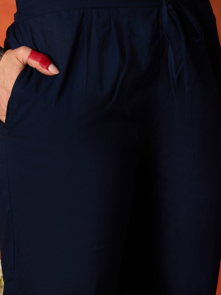 Women's Blue Solid Cotton Straight Kurta Pant Dupatta Set