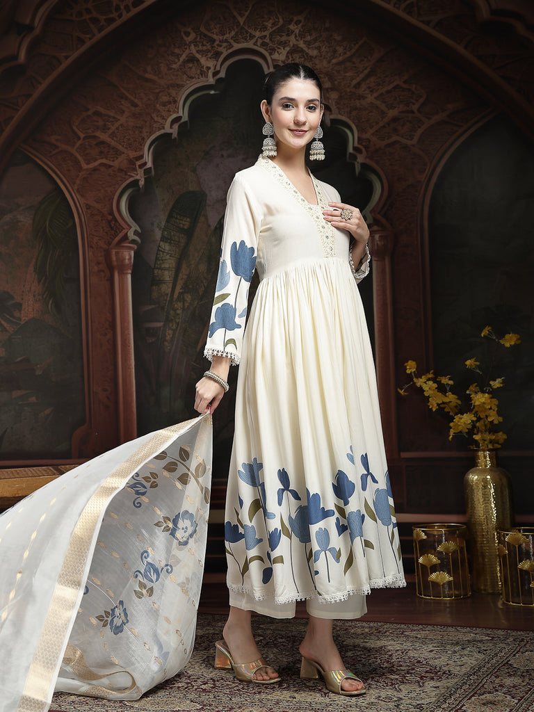 Women's Blue Floral Printed Rayon Flared Kurta Palazzo Dupatta Set