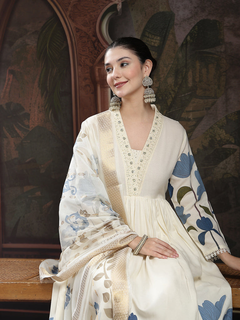 Women's Blue Floral Printed Rayon Flared Kurta Palazzo Dupatta Set