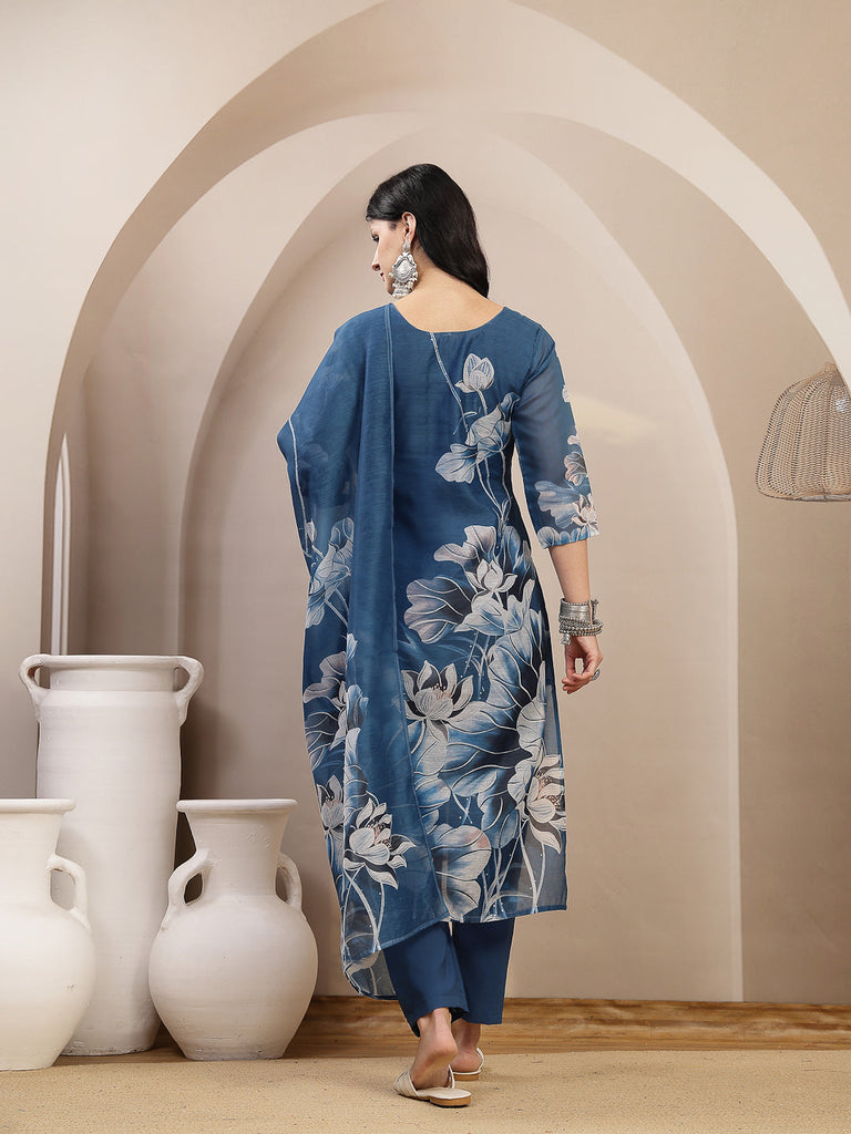 Women's Blue Floral Printed Chanderi Silk Straight Kurta Pant Dupatta Set