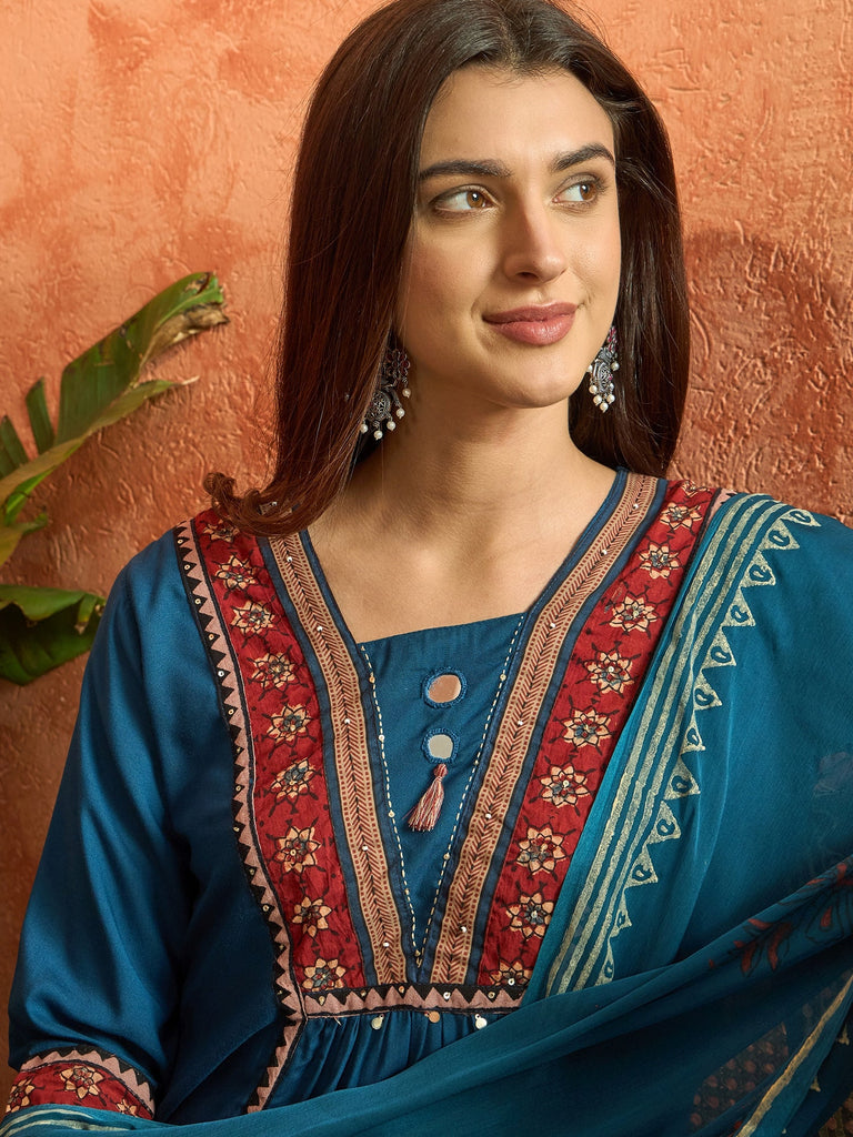 Women's Blue Solid Rayon A-Line Kurta Palazzo Dupatta Set