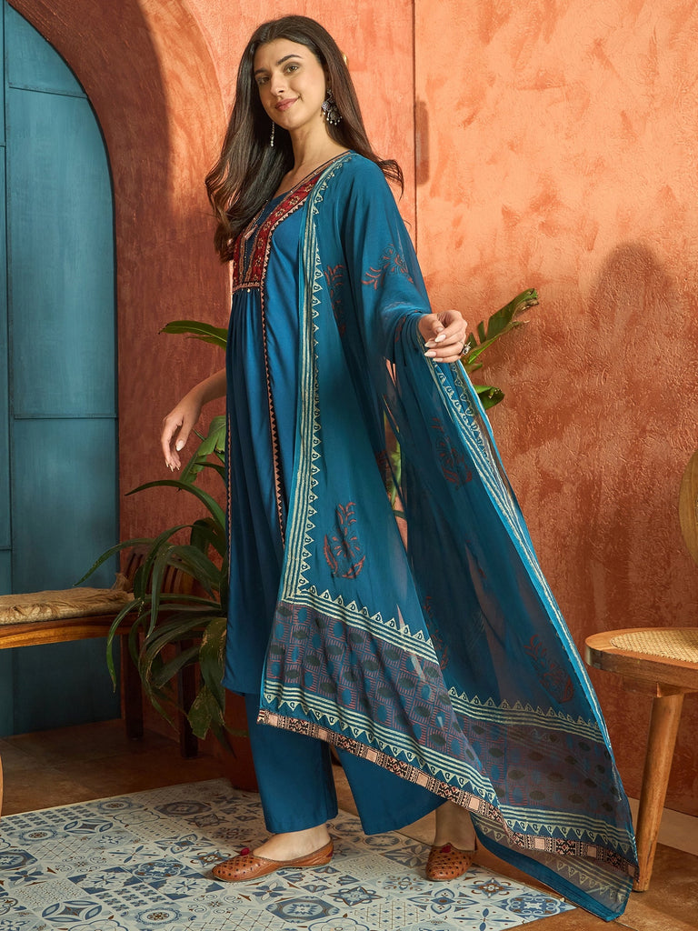 Women's Blue Solid Rayon A-Line Kurta Palazzo Dupatta Set