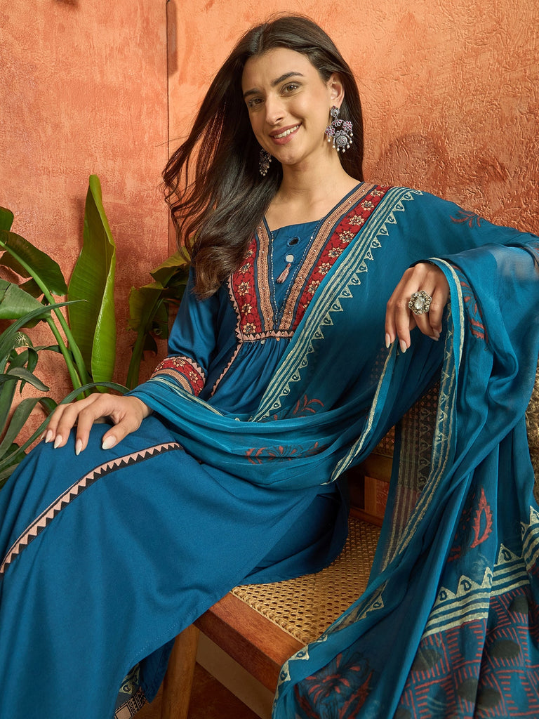Women's Blue Solid Rayon A-Line Kurta Palazzo Dupatta Set