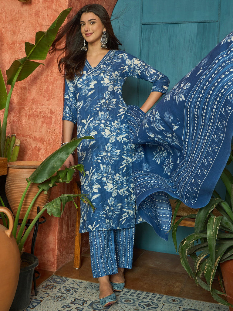 Women's Blue Floral Printed Cotton Blend Straight Kurta Pant Dupatta Set
