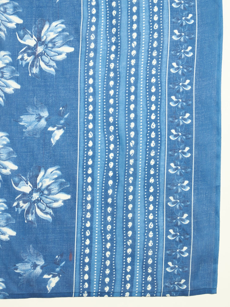 Women's Blue Floral Printed Cotton Blend Straight Kurta Pant Dupatta Set