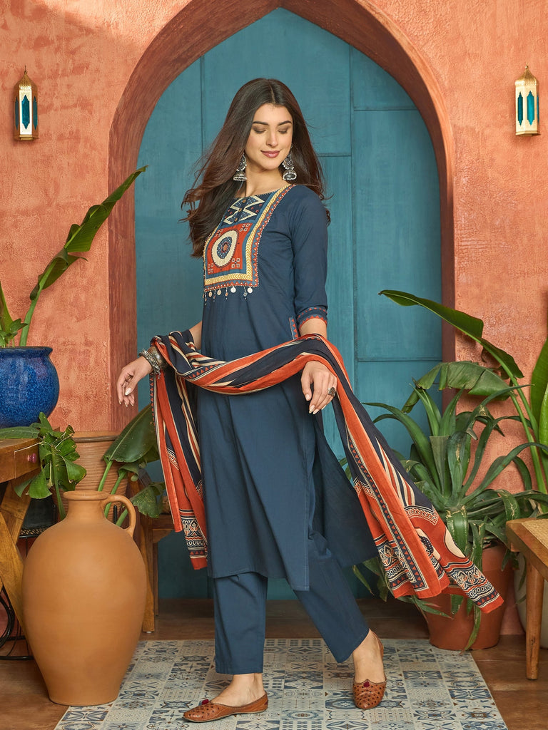Women's Blue Solid Cotton Straight Kurta Pant Dupatta Set