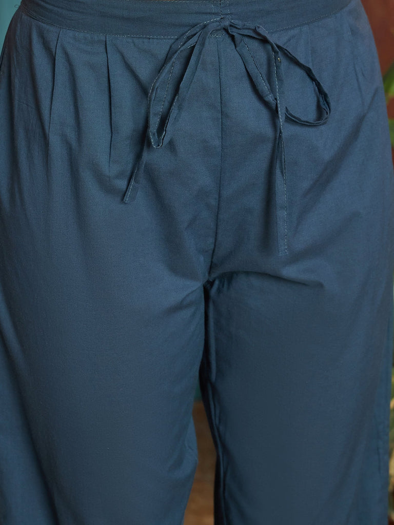 Women's Blue Solid Cotton Straight Kurta Pant Dupatta Set