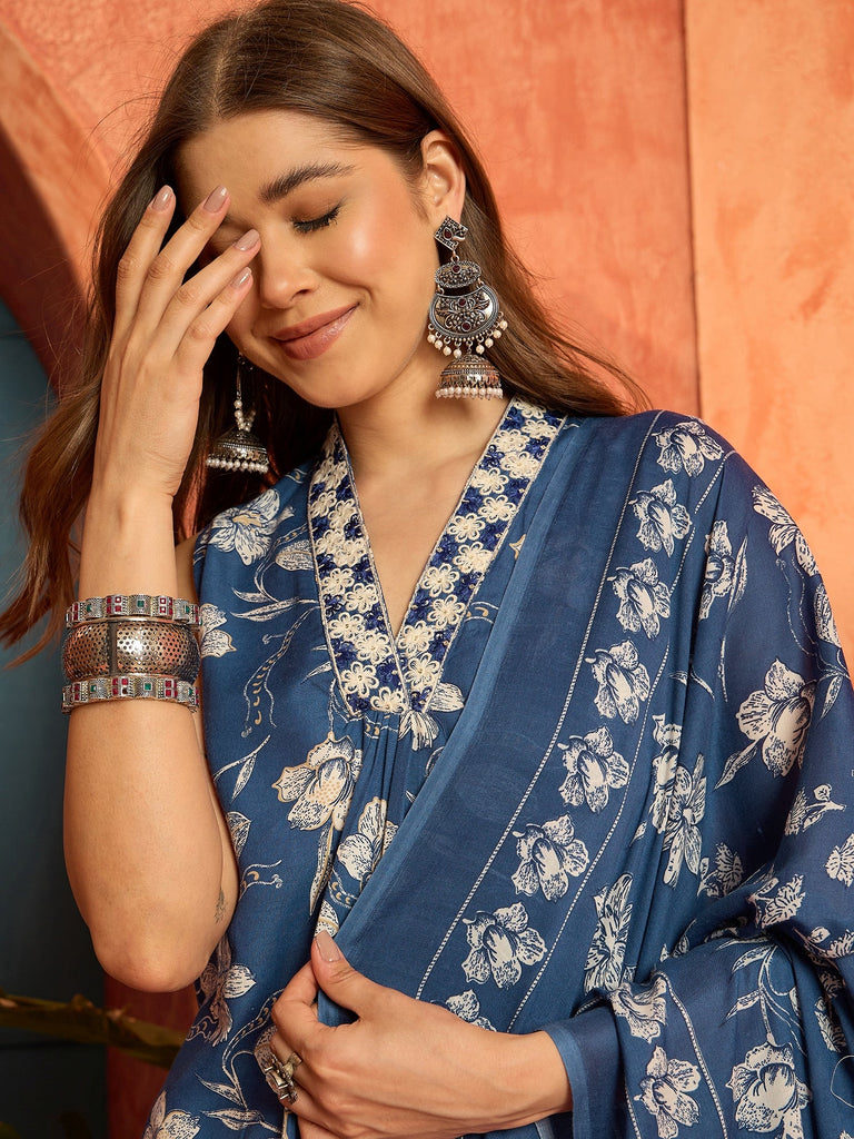 Women's Blue Floral Printed Cotton A-Line Kurta Pant Dupatta Set